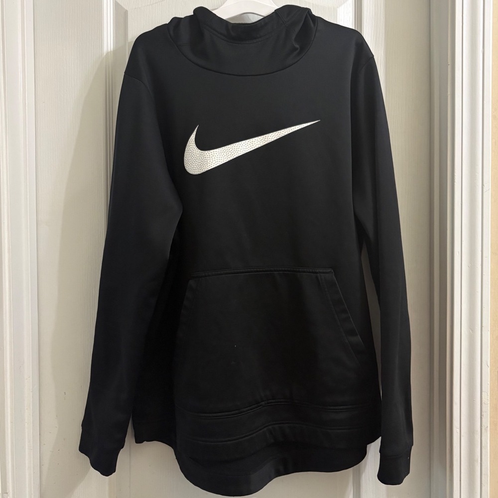 Nike Dri-FIT Mens Hoodie Black Large White Swoosh Pullover Sweatshirt L